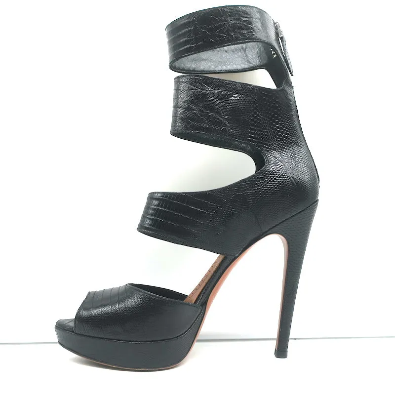 Alaia Cutout Plateau-Stiefel Schwarz Leder mit Echsenprägung Größe 38.5