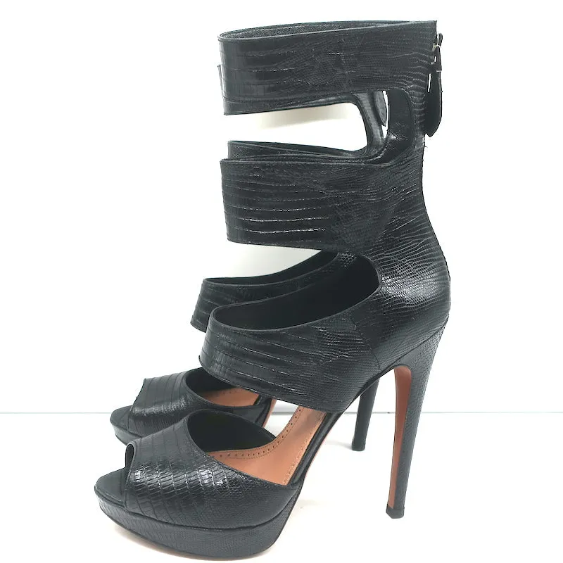 Alaia Cutout Plateau-Stiefel Schwarz Leder mit Echsenprägung Größe 38.5