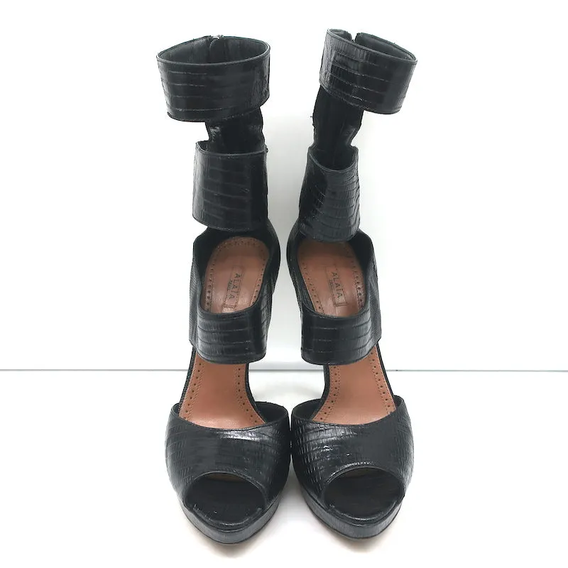 Alaia Cutout Plateau-Stiefel Schwarz Leder mit Echsenprägung Größe 38.5