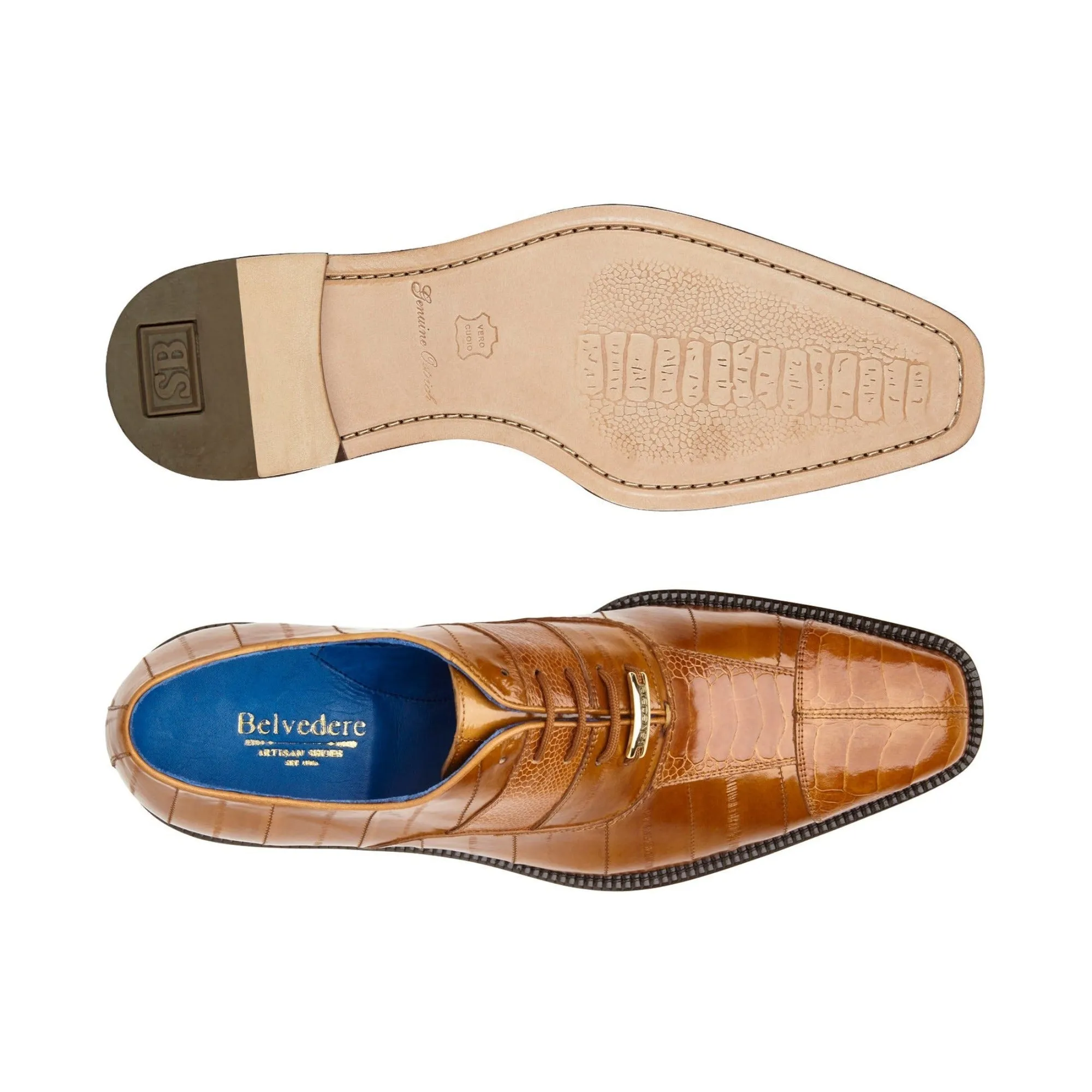 Belvedere Exotische Leder Schuhe Belvedere Mare in Kamel Echtem Straußen- & Aal-Leder Oxfords