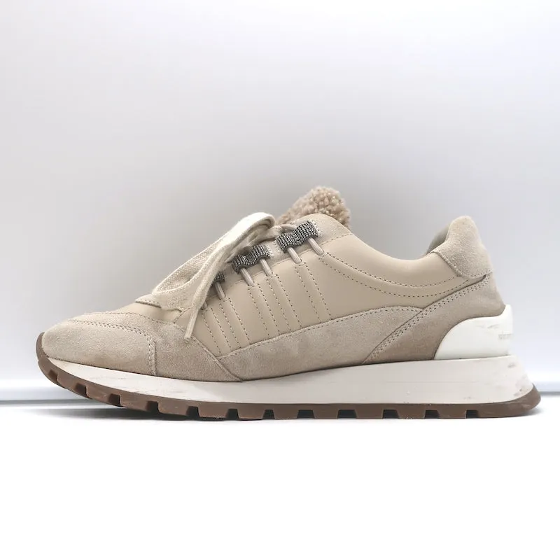 Brunello Cucinelli Laufschuhe mit Schaffell & Monili-Dekor in Gr. 39, Farbe Taupe