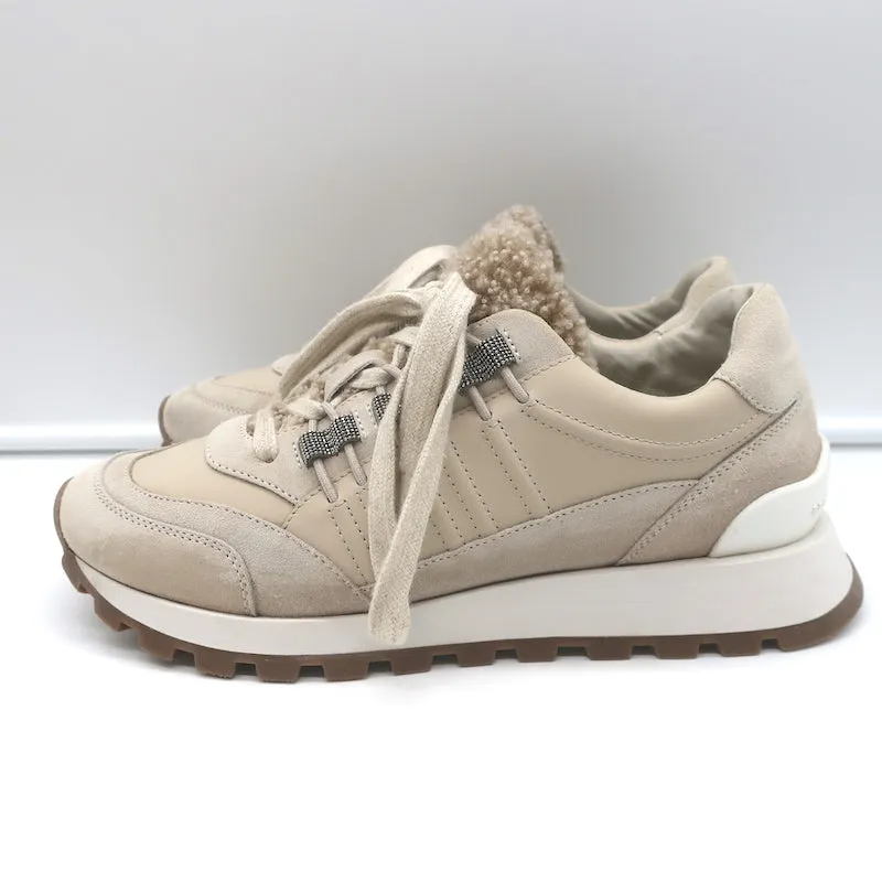 Brunello Cucinelli Laufschuhe mit Schaffell & Monili-Dekor in Gr. 39, Farbe Taupe