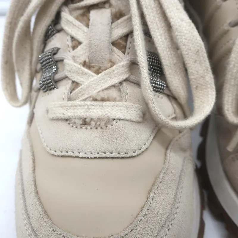Brunello Cucinelli Laufschuhe mit Schaffell & Monili-Dekor in Gr. 39, Farbe Taupe