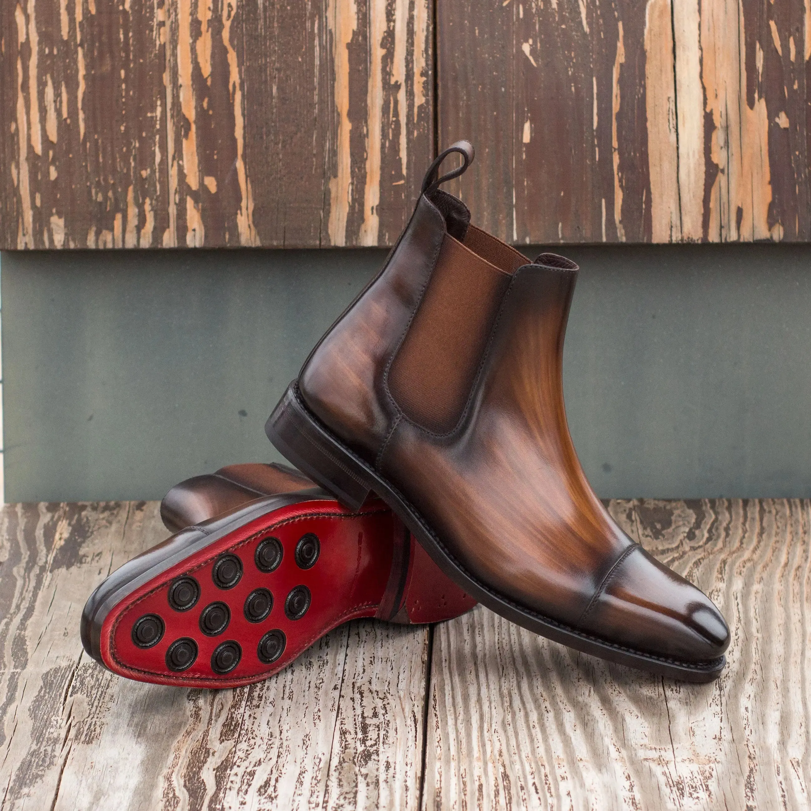Dapperfam Schuhe DapperFam Monza in Braun Herren-Handbemalte Patina Chelsea-Stiefel