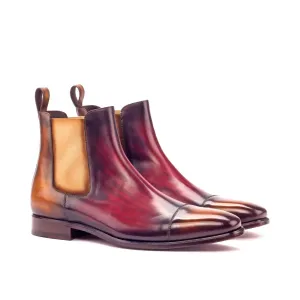 Dapperfam Schuhe DapperFam Monza in Cognac / Burgunderrot Herren-Handbemalte Patina Chelsea-Stiefel