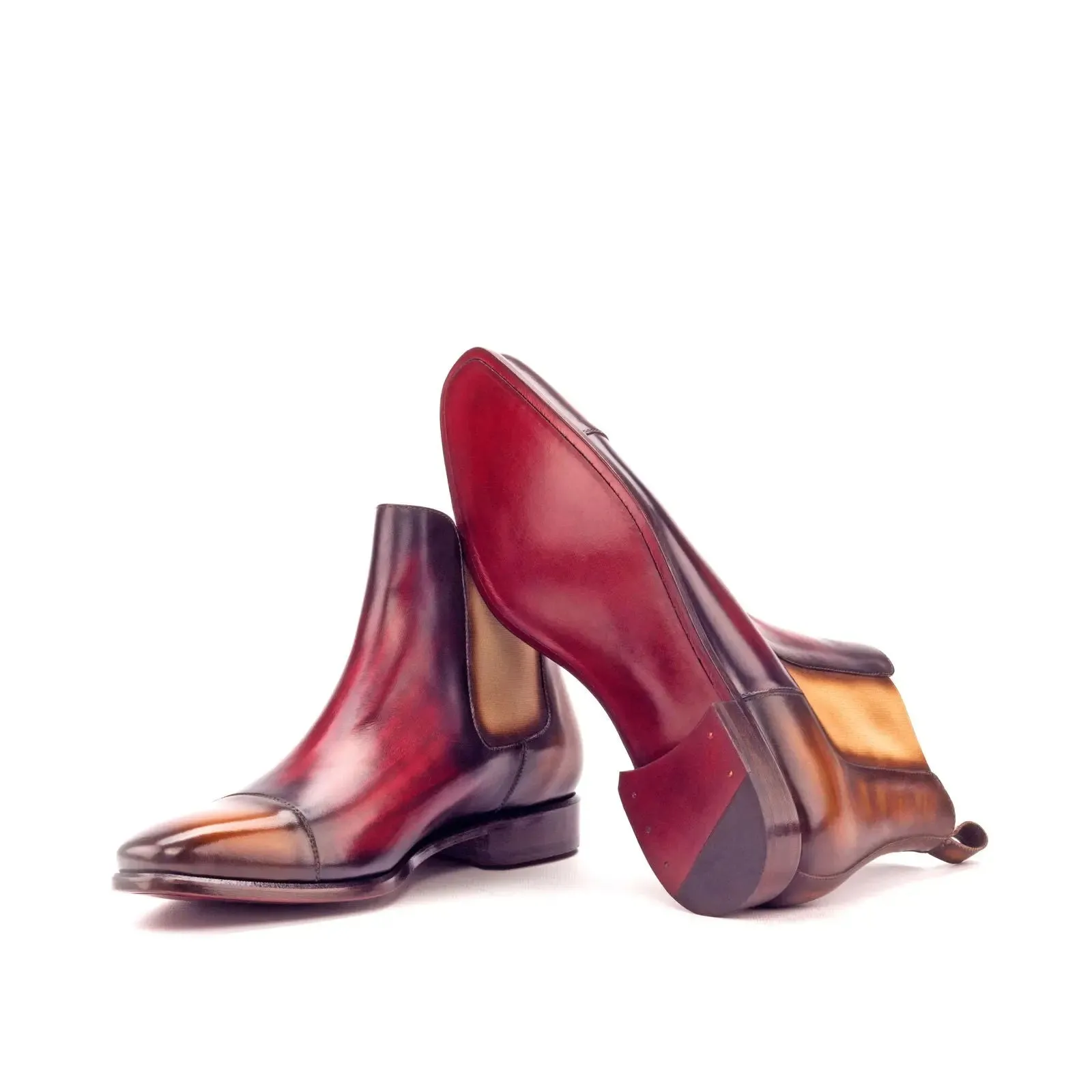 Dapperfam Schuhe DapperFam Monza in Cognac / Burgunderrot Herren-Handbemalte Patina Chelsea-Stiefel