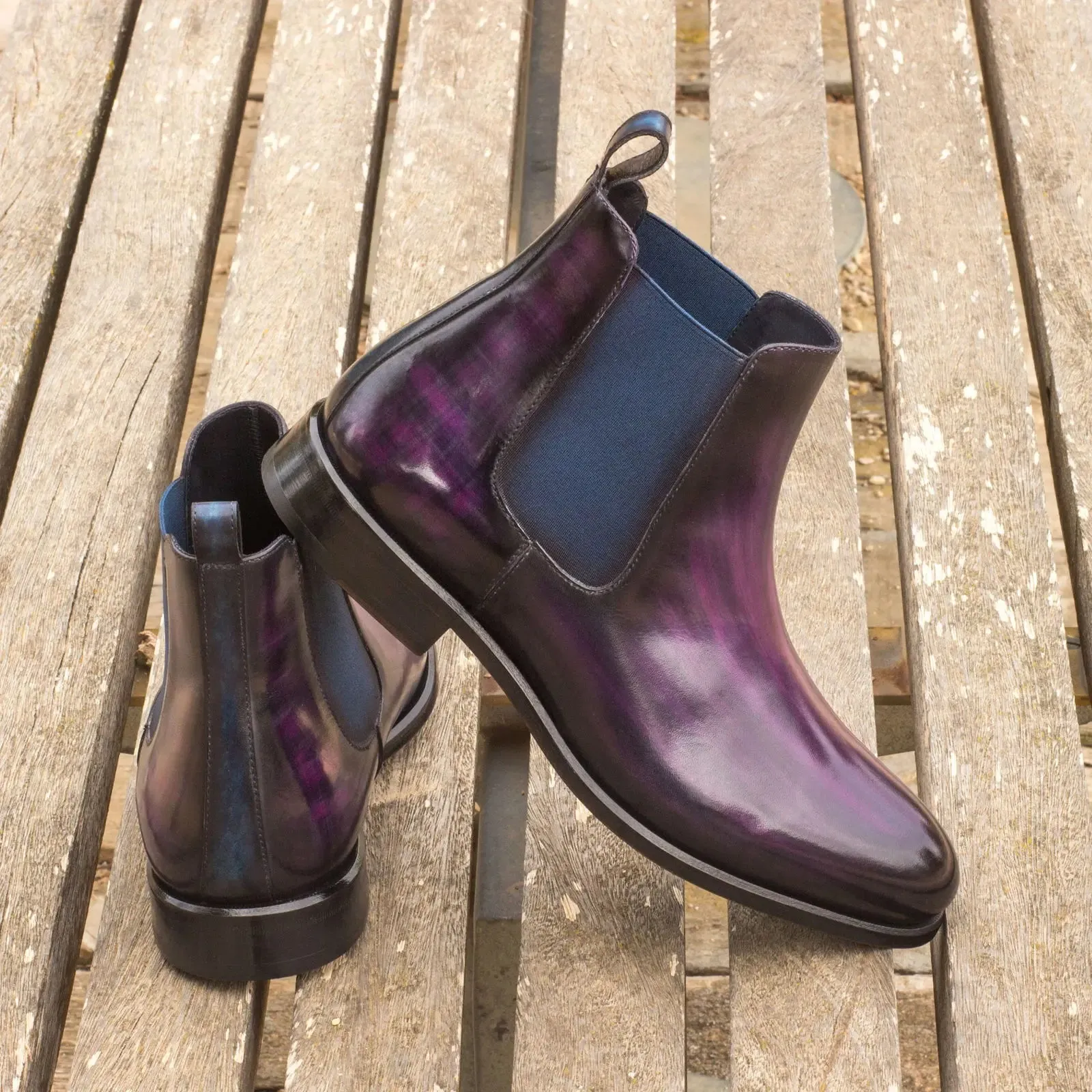 Dapperfam Schuhe DapperFam Monza in Lila / Denim Herren-Handbemalte Patina Chelsea Stiefel