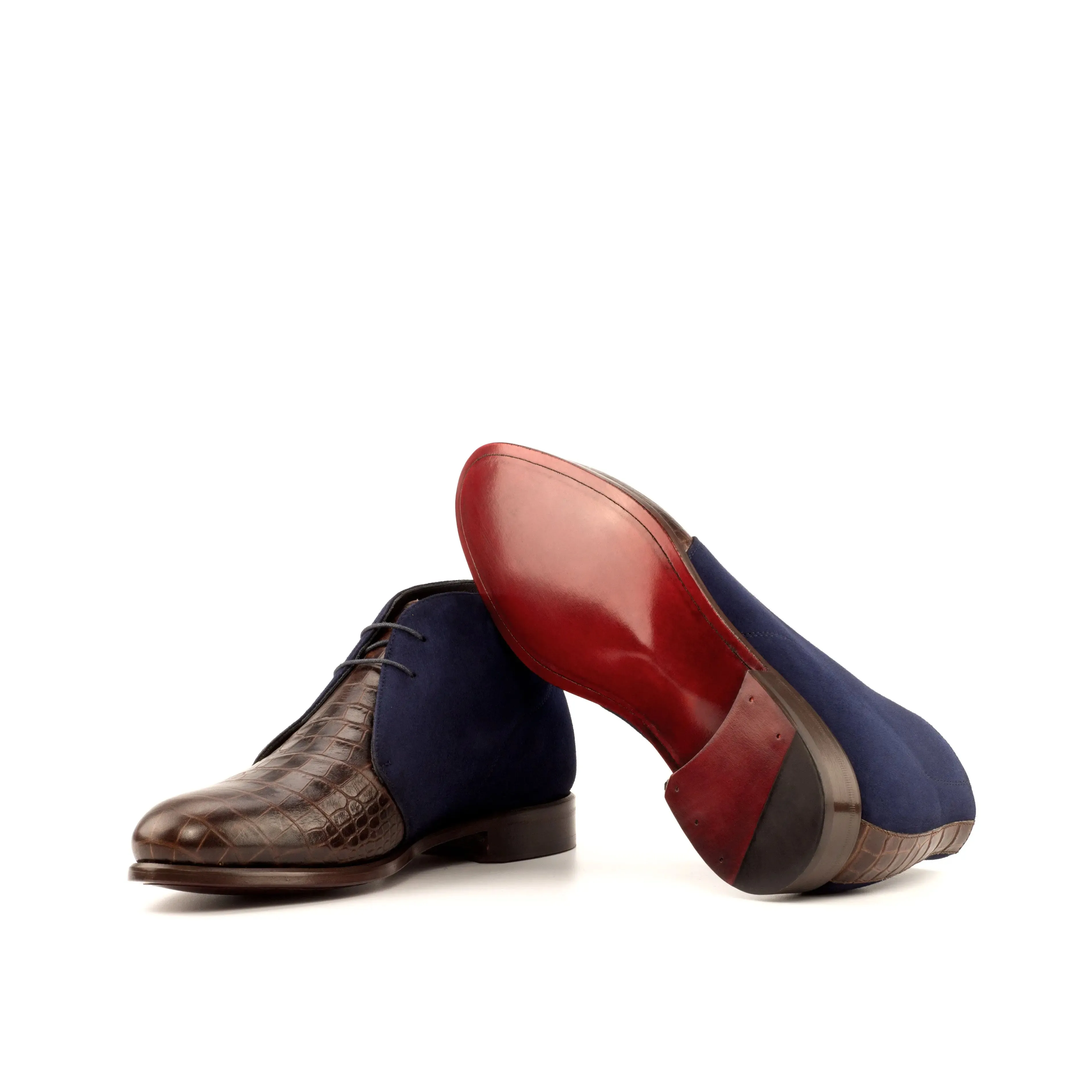 Dapperfam Schuhe DapperFam Vivace in Dunkelbraun / Marine Herren Italienisches Kroko-Prägeleder & Italienisches Wildleder Chukka