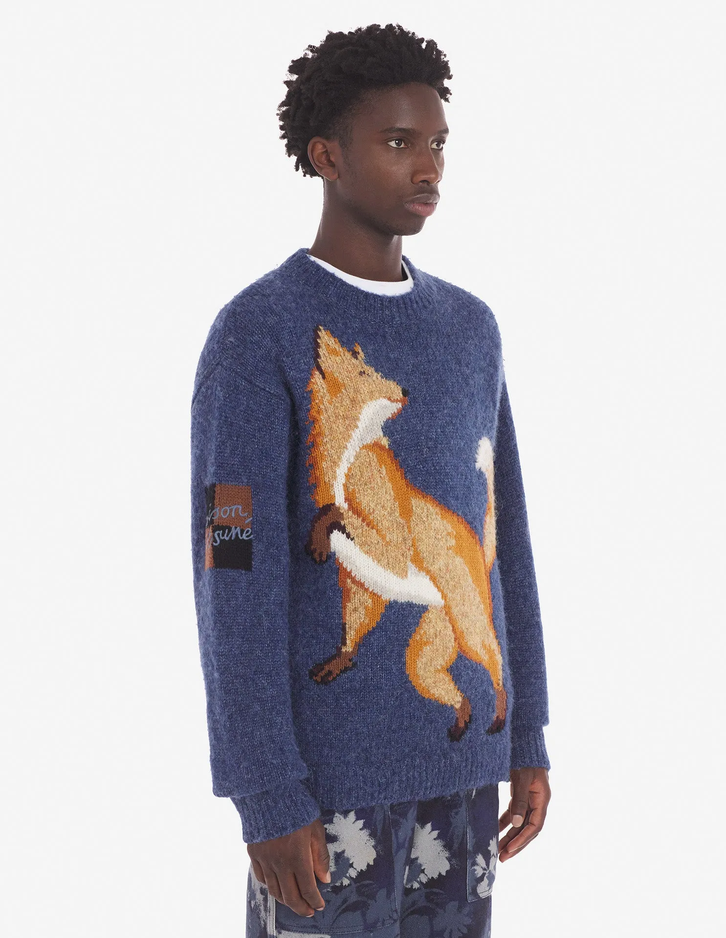 Fox Intarsia Comfort Jumper Denim Blau Melange