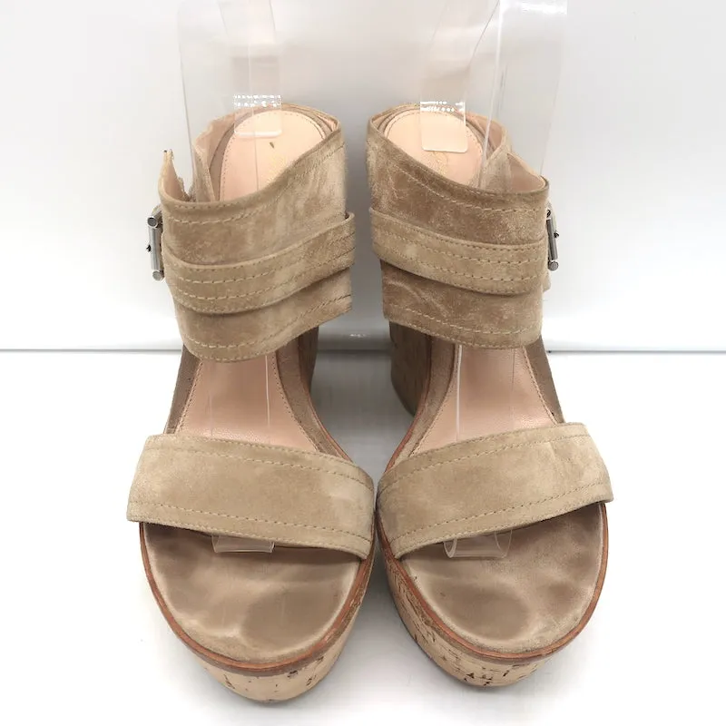 Gianvito Rossi Doppelband Cork Plateau Keil-Sandalen Beige Wildleder Größe 38