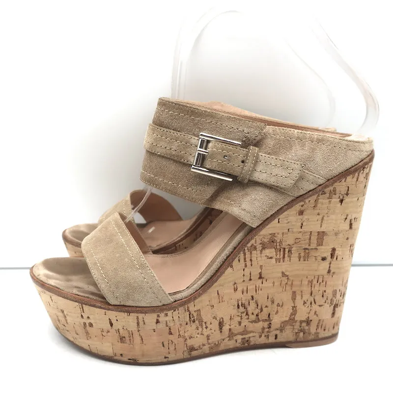 Gianvito Rossi Doppelband Cork Plateau Keil-Sandalen Beige Wildleder Größe 38