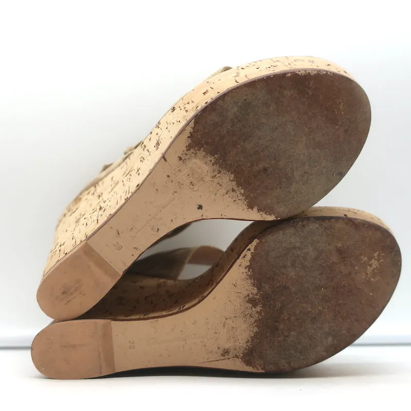 Gianvito Rossi Doppelband Cork Plateau Keil-Sandalen Beige Wildleder Größe 38