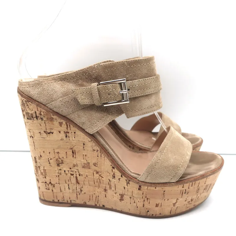 Gianvito Rossi Doppelband Cork Plateau Keil-Sandalen Beige Wildleder Größe 38
