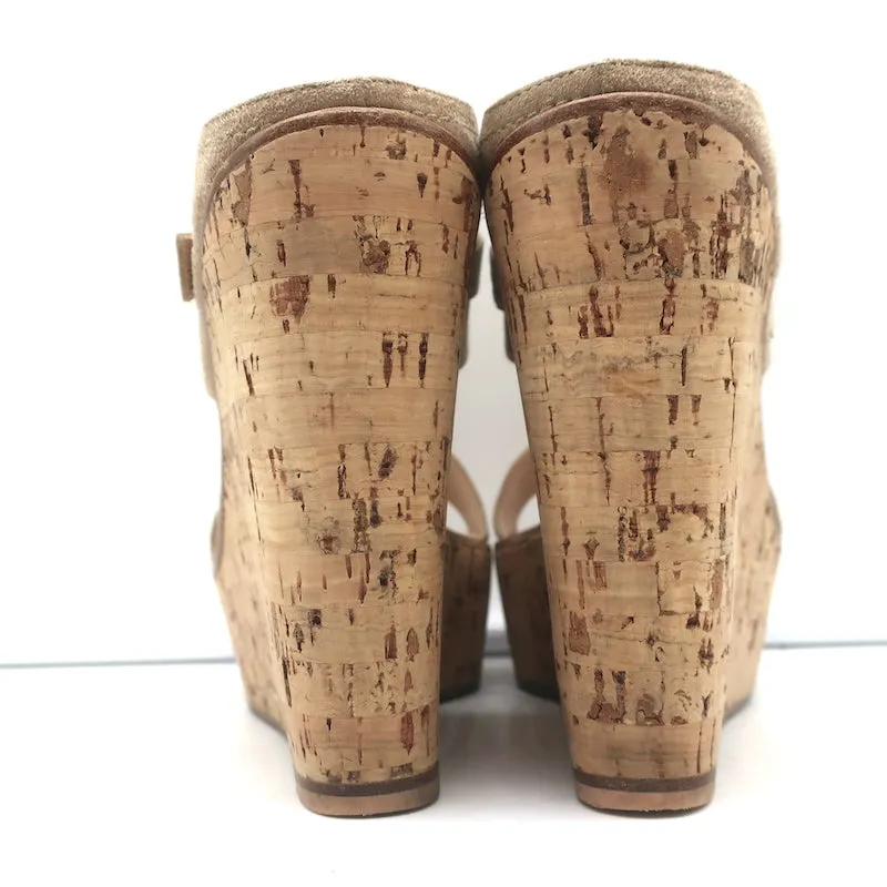 Gianvito Rossi Doppelband Cork Plateau Keil-Sandalen Beige Wildleder Größe 38
