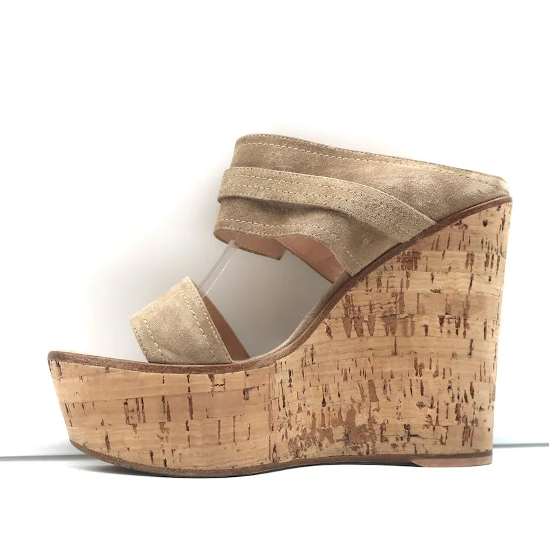 Gianvito Rossi Doppelband Cork Plateau Keil-Sandalen Beige Wildleder Größe 38