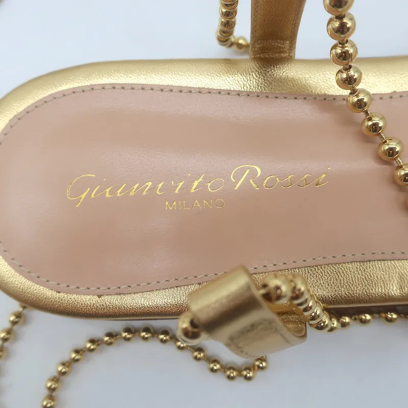 Gianvito Rossi Soleil Perlen-Riemchen-Sandalen mit Knöchelband Gold Leder Größe 40