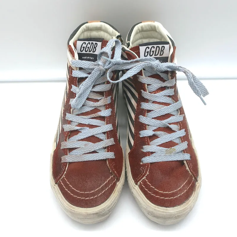 Golden Goose Slide Gestreifte High-Top-Sneakers Burgunder Wildleder Größe 36