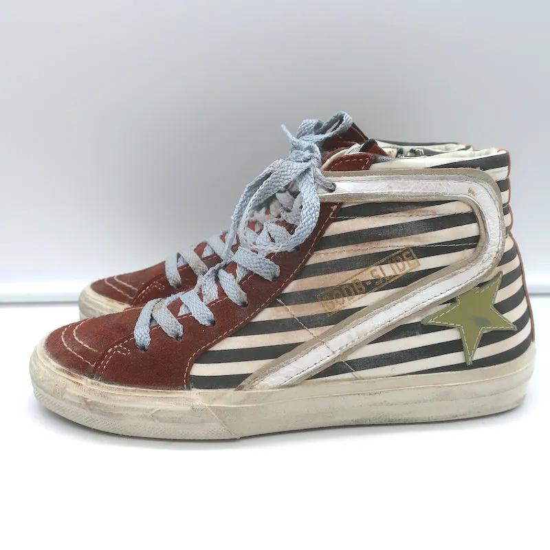 Golden Goose Slide Gestreifte High-Top-Sneakers Burgunder Wildleder Größe 36