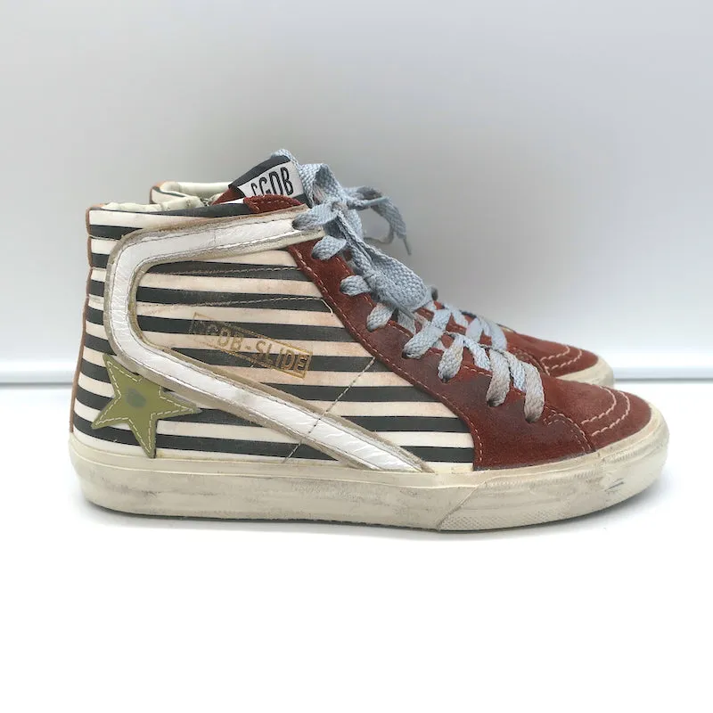Golden Goose Slide Gestreifte High-Top-Sneakers Burgunder Wildleder Größe 36