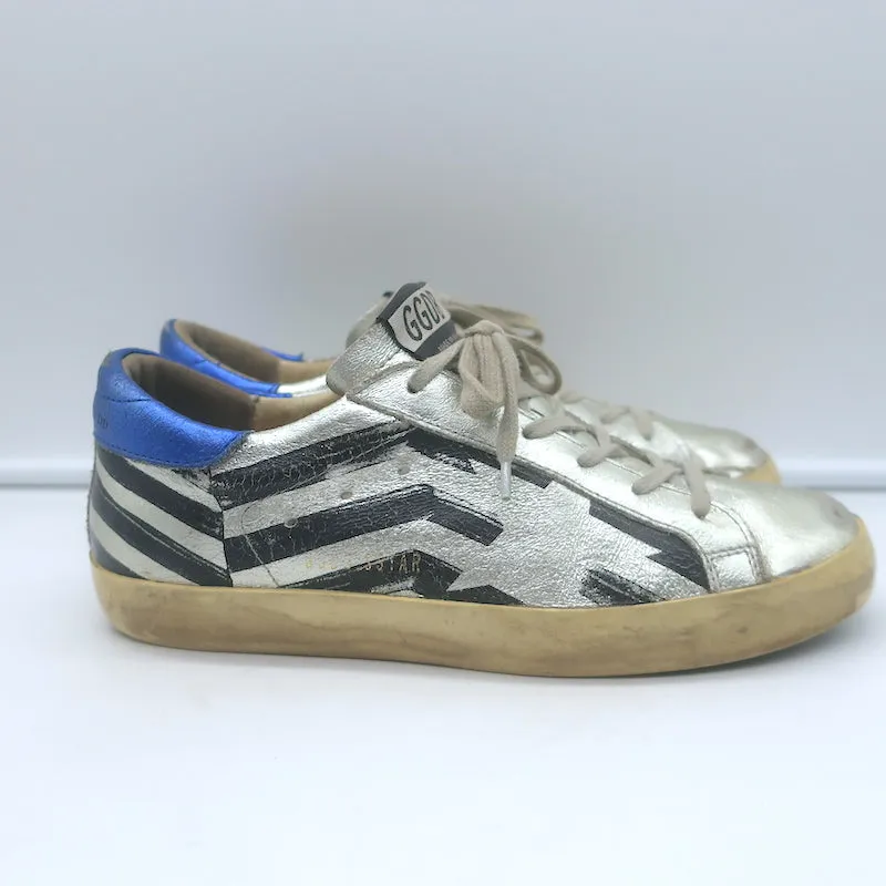 Golden Goose Superstar Flag Sneakers Silber Metallic Leder Größe 38