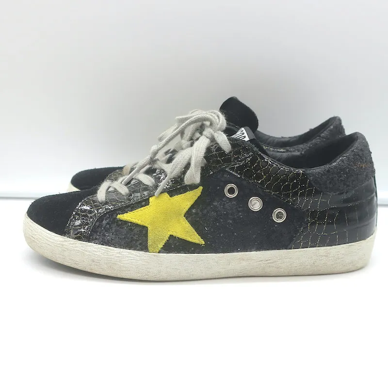 Golden Goose Superstar Glitzer-Sneakers Schwarz Krokodil-Print Lackleder Größe 38