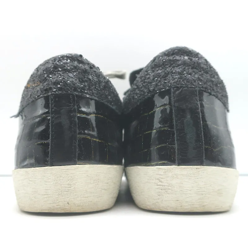 Golden Goose Superstar Glitzer-Sneakers Schwarz Krokodil-Print Lackleder Größe 38