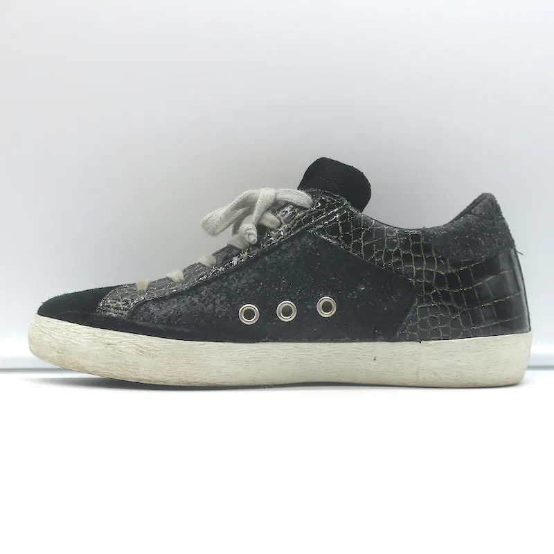 Golden Goose Superstar Glitzer-Sneakers Schwarz Krokodil-Print Lackleder Größe 38
