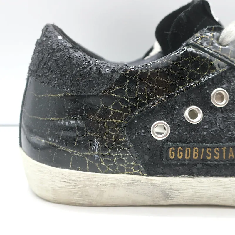 Golden Goose Superstar Glitzer-Sneakers Schwarz Krokodil-Print Lackleder Größe 38