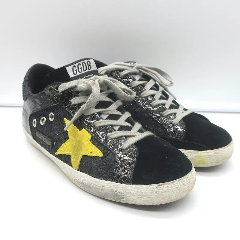 Golden Goose Superstar Glitzer-Sneakers Schwarz Krokodil-Print Lackleder Größe 38