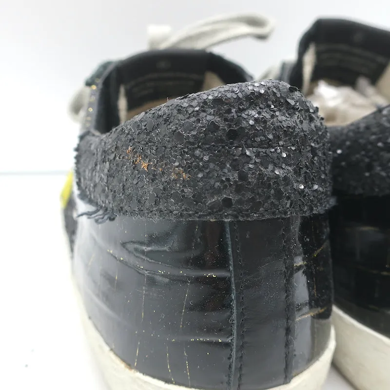 Golden Goose Superstar Glitzer-Sneakers Schwarz Krokodil-Print Lackleder Größe 38