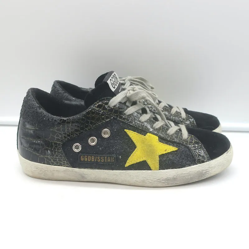 Golden Goose Superstar Glitzer-Sneakers Schwarz Krokodil-Print Lackleder Größe 38