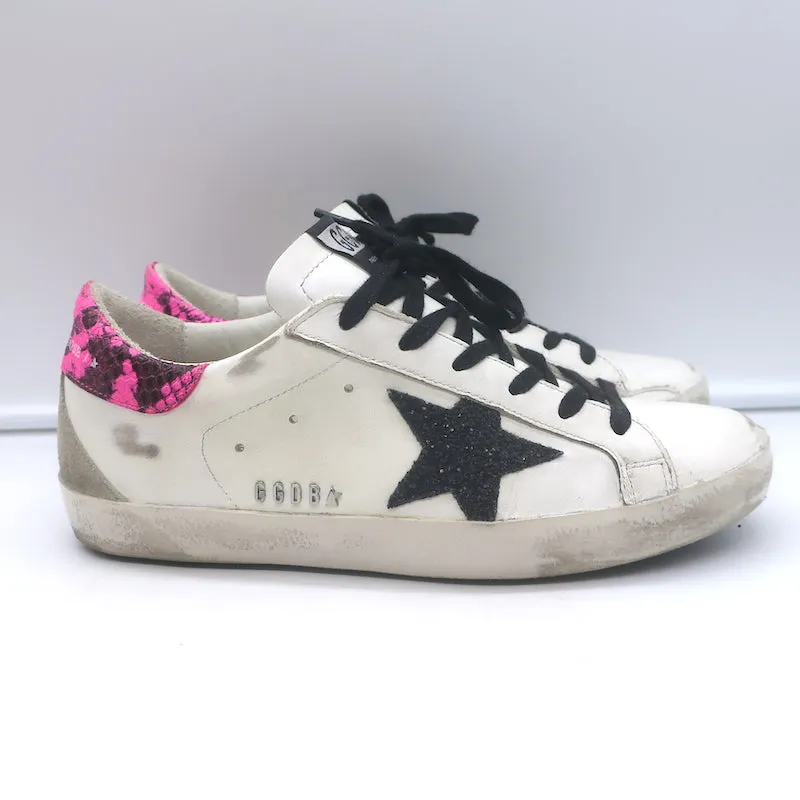 Golden Goose Superstar Glitzer Stern Sneakers Weißes Leder & Rosa Schlange Größe 38