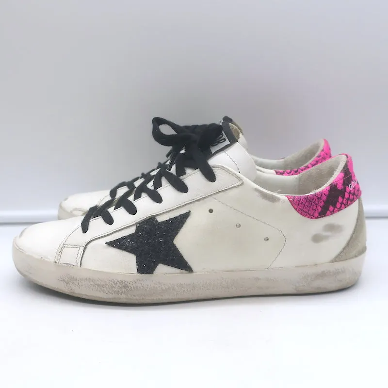 Golden Goose Superstar Glitzer Stern Sneakers Weißes Leder & Rosa Schlange Größe 38