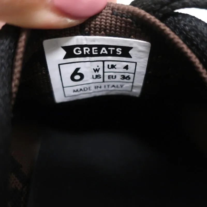 GREATS Royale Strick-Sneaker mit niedrigem Schaft in Dunkelbraun mit Leopardenmuster Größe 6