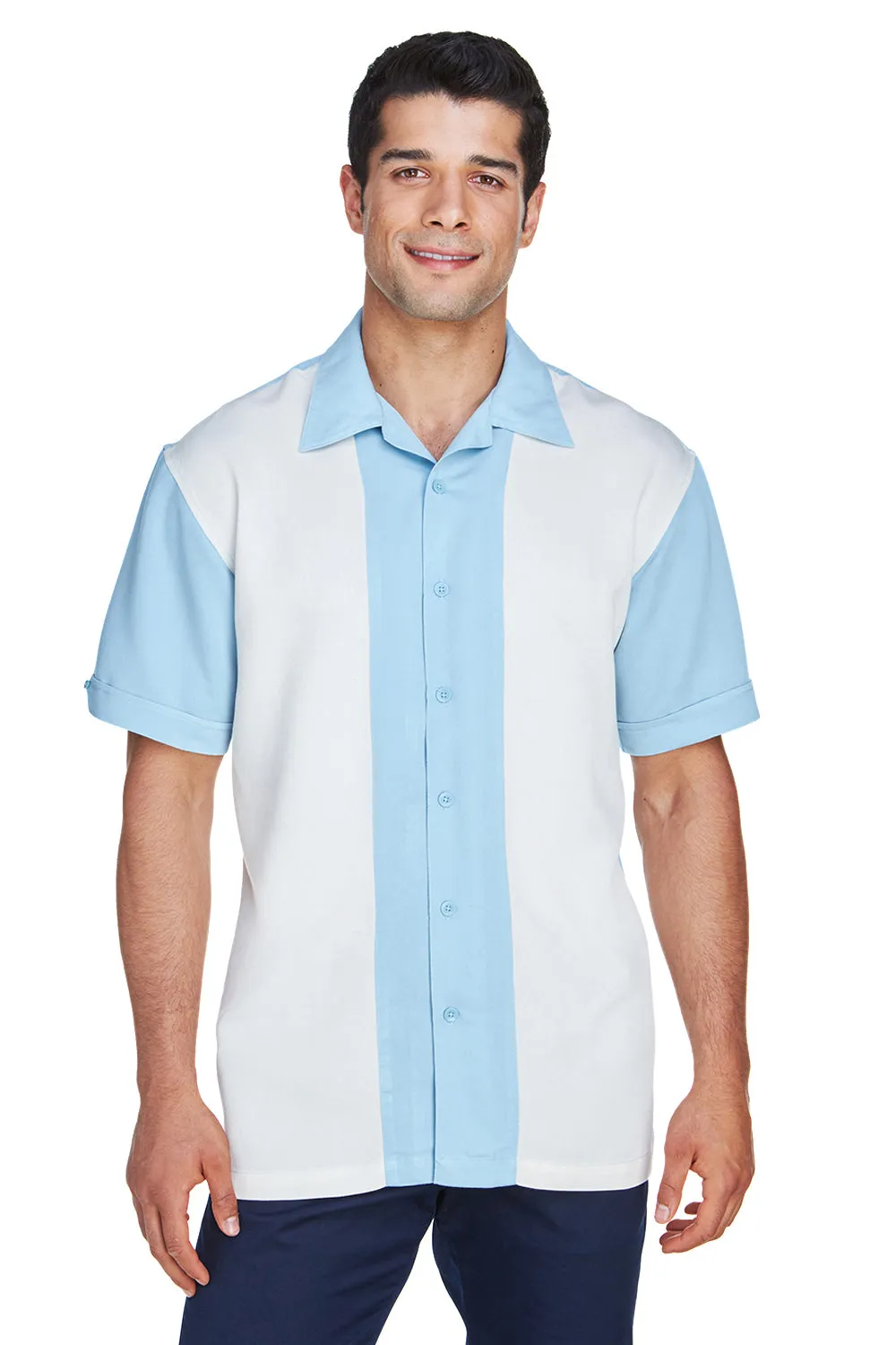 Harriton Herren Bahama Bügelfrei Kurzarm Button-Down Camp Hemd - Wolkenblau/Creme