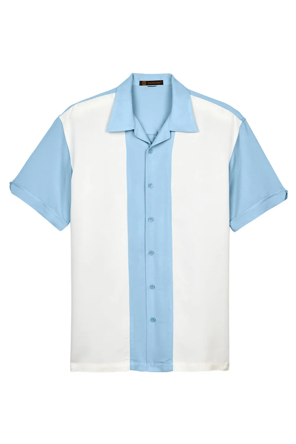 Harriton Herren Bahama Bügelfrei Kurzarm Button-Down Camp Hemd - Wolkenblau/Creme