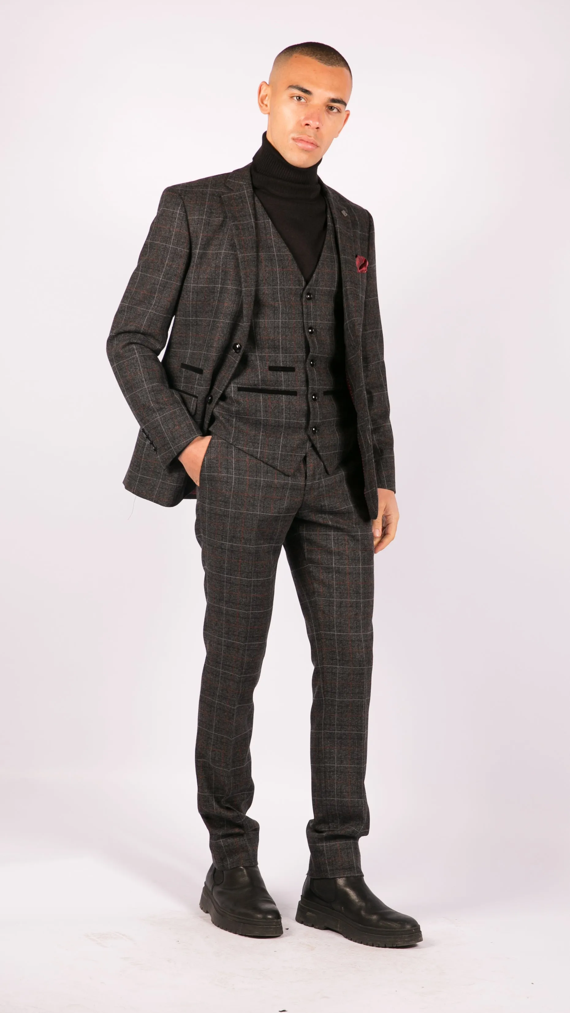 Harvey Grey 3-teiliger Tweed-Anzug Fischgrät