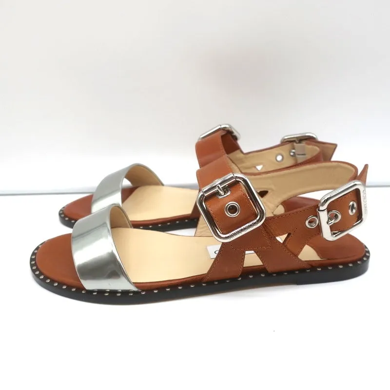 Jimmy Choo Astrid Riemchensandalen in Tan/Silber Leder Größe 37 Rückschrittflache Neu