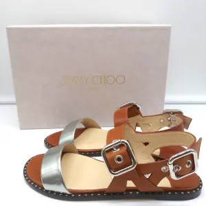 Jimmy Choo Astrid Riemchensandalen in Tan/Silber Leder Größe 37 Rückschrittflache Neu