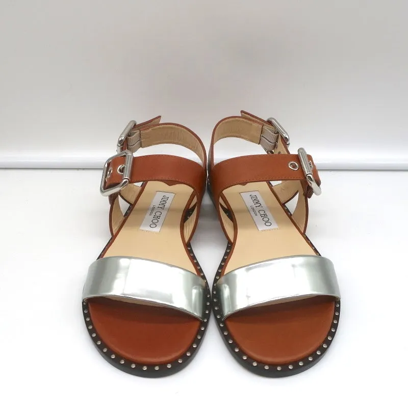Jimmy Choo Astrid Riemchensandalen in Tan/Silber Leder Größe 37 Rückschrittflache Neu