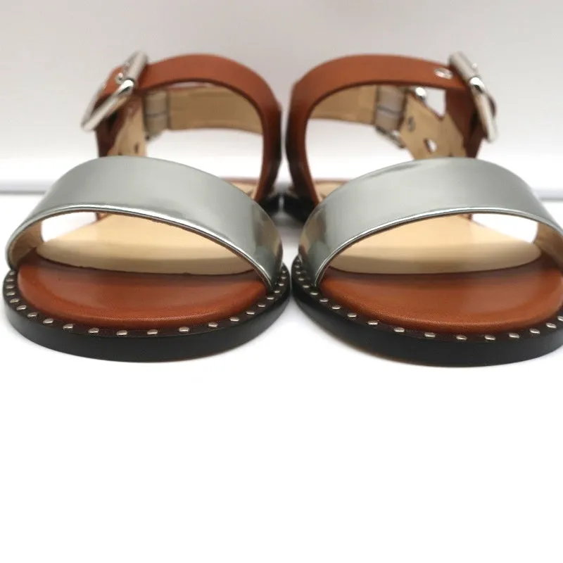 Jimmy Choo Astrid Riemchensandalen in Tan/Silber Leder Größe 37 Rückschrittflache Neu