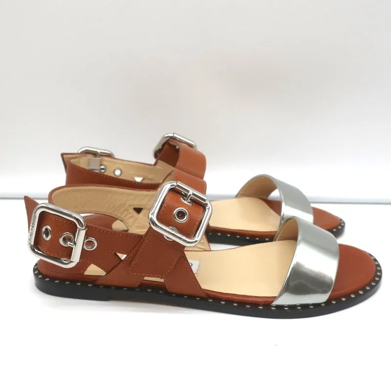 Jimmy Choo Astrid Riemchensandalen in Tan/Silber Leder Größe 37 Rückschrittflache Neu
