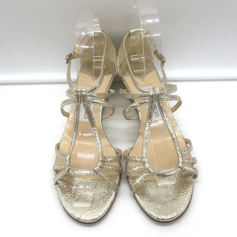 Jimmy Choo Michiko Keilabsatz-Sandalen Gold Metallisch Gecracktes Leder Größe 38