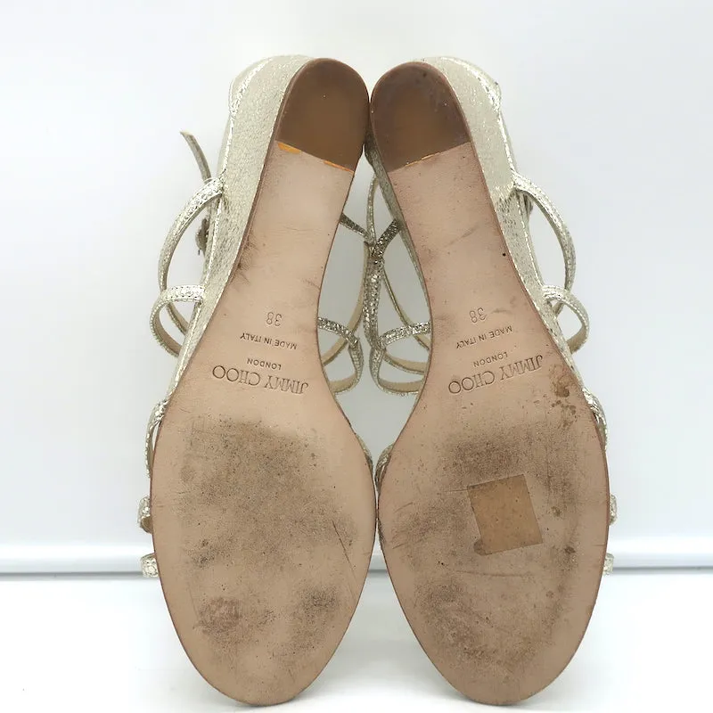 Jimmy Choo Michiko Keilabsatz-Sandalen Gold Metallisch Gecracktes Leder Größe 38