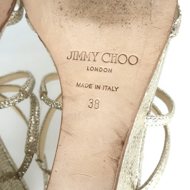 Jimmy Choo Michiko Keilabsatz-Sandalen Gold Metallisch Gecracktes Leder Größe 38