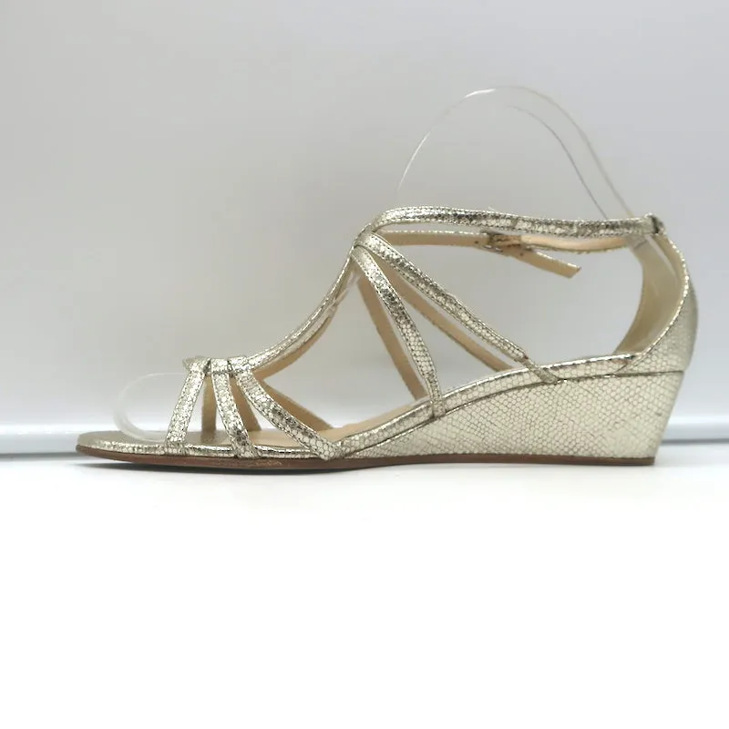 Jimmy Choo Michiko Keilabsatz-Sandalen Gold Metallisch Gecracktes Leder Größe 38