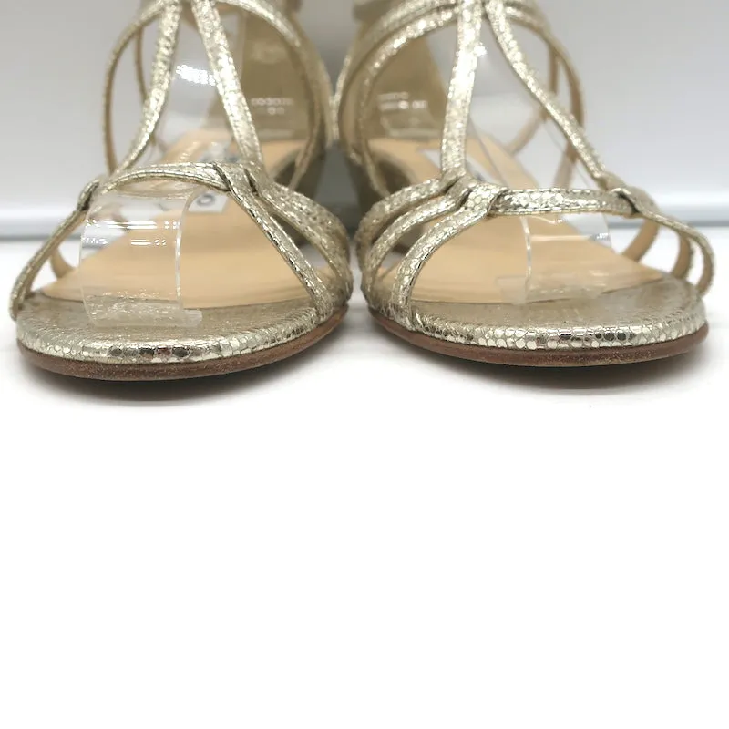 Jimmy Choo Michiko Keilabsatz-Sandalen Gold Metallisch Gecracktes Leder Größe 38