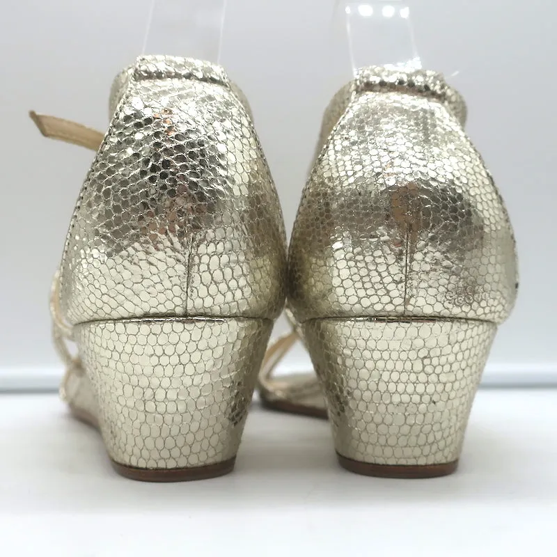Jimmy Choo Michiko Keilabsatz-Sandalen Gold Metallisch Gecracktes Leder Größe 38