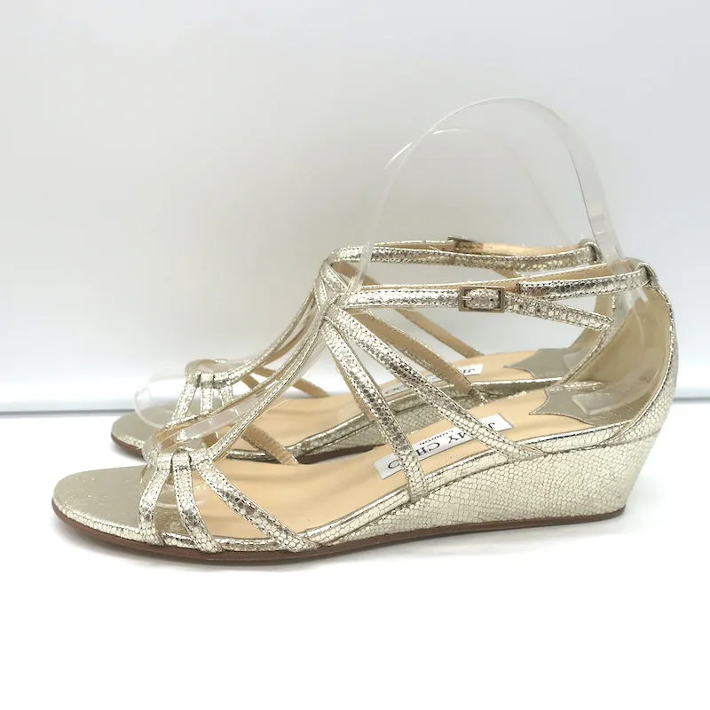 Jimmy Choo Michiko Keilabsatz-Sandalen Gold Metallisch Gecracktes Leder Größe 38