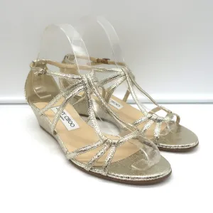 Jimmy Choo Michiko Keilabsatz-Sandalen Gold Metallisch Gecracktes Leder Größe 38